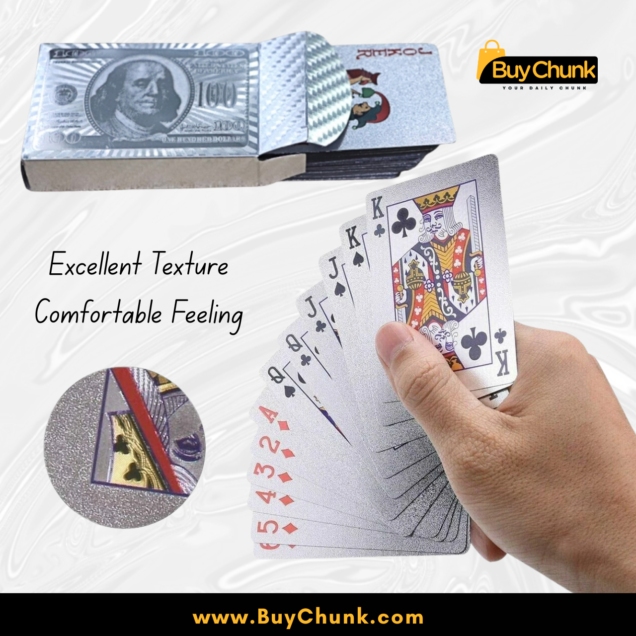 Imported Silver Dollar Playing Cards Premium Quality – Waterproof Deck | Durable Shiny Cards for Family Fun in Pakistan 3 BuyChunk Imported Silver Dollar Playing Cards displayed with joker cards and box