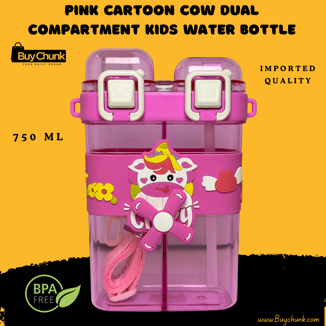 Pink Cartoon Cow Dual Compartment Kids Water Bottle BPA Free School Bottle With Straw and Strap 1 Front view of pink cow dual compartment kids water bottle for school