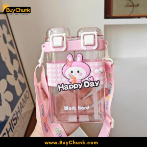 Pink Happy Day Kids Water Bottle BPA Free School Bottle With Straw and Strap 5 Kids bottle placed in school bag pocket for daily carrying