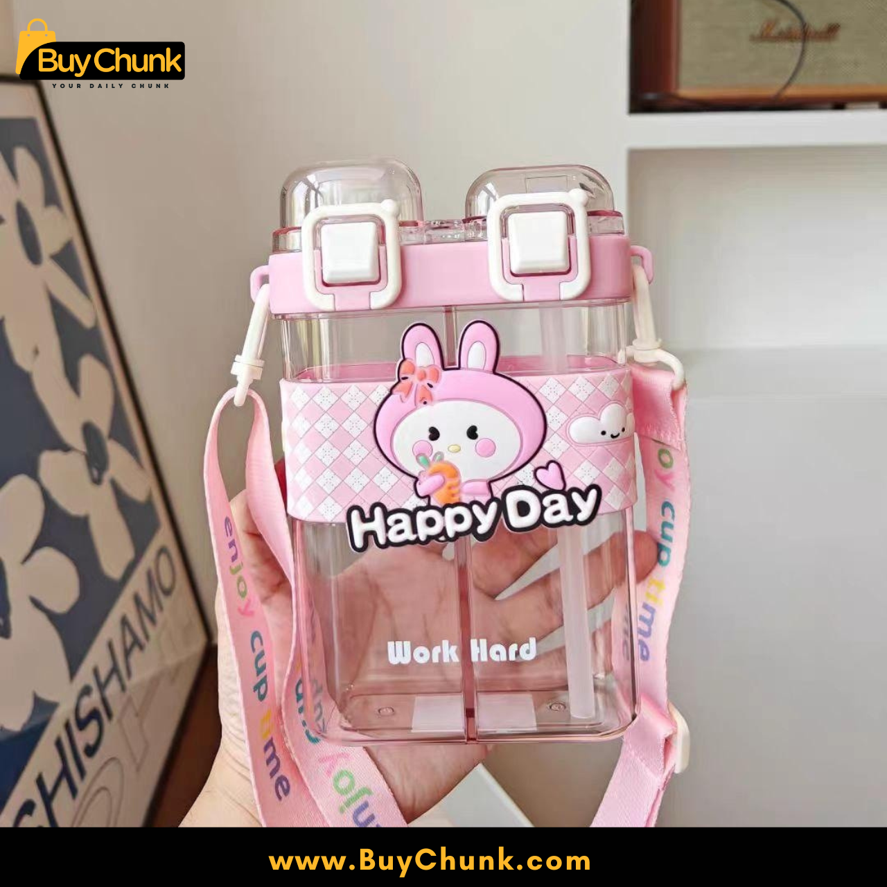 Pink Happy Day Kids Water Bottle BPA Free School Bottle With Straw and Strap 3 Kids bottle placed in school bag pocket for daily carrying