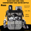 Front view of dual compartment kids bottle in black for school use