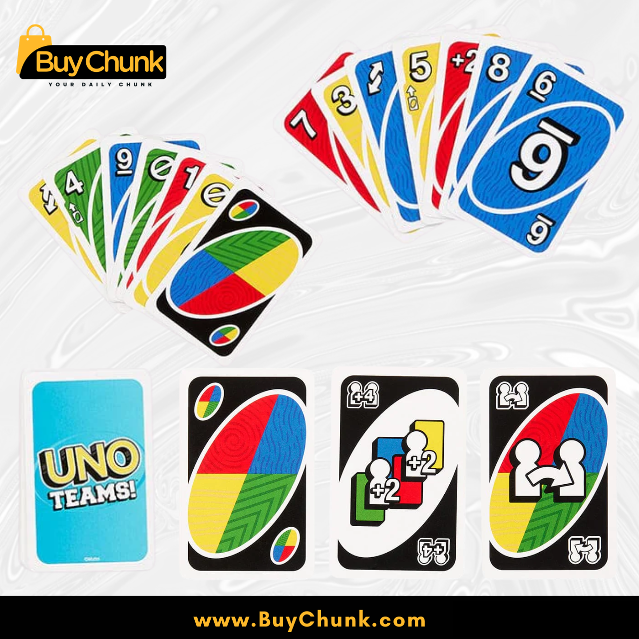 UNO Teams Card Game | Imported Quality Playing Cards | Fast Paced Family Fun Game for Kids & Adults 4 UNO Teams action cards showing partner moves, draw cards and wild design