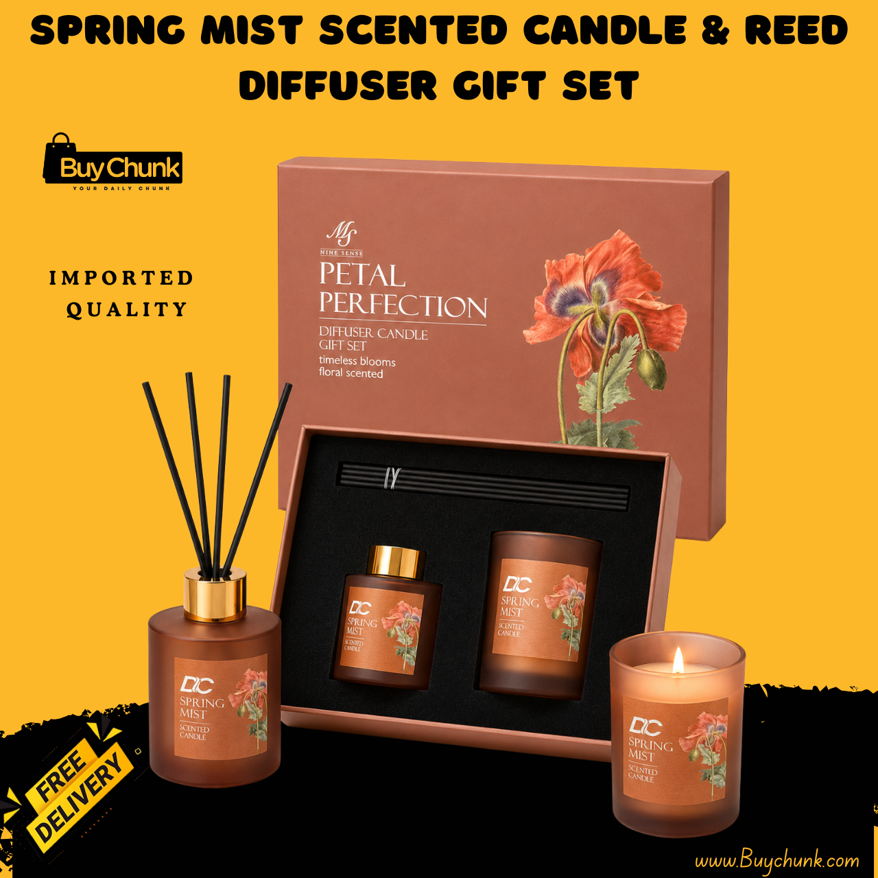 Spring Mist Scented Candle and Reed Diffuser Gift Set | Premium Imported Home Fragrance Set 1 Spring mist scented candle and reed diffuser gift set for elegant home fragrance
