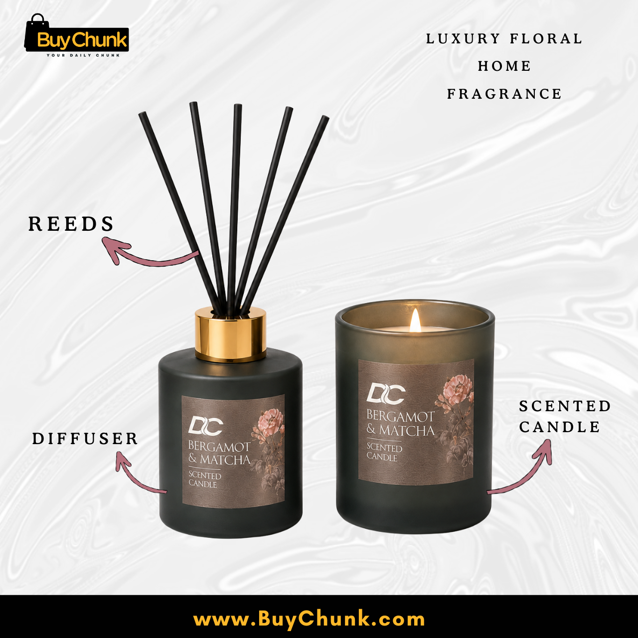 Bergamot & Matcha Scented Candle and Reed Diffuser Gift Set | Premium Imported Home Fragrance Set 3 Scented candle and reed diffuser set for gifting in Pakistan