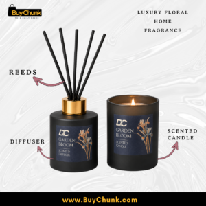 Scented candle and reed diffuser adding fresh aroma to living room décor