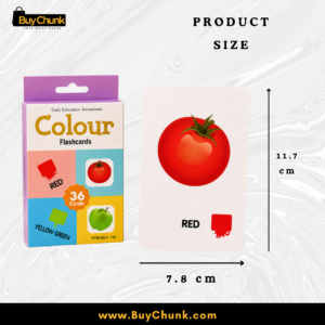 Red tomato colour flashcard showing 7.8 by 11.7 centimetre size