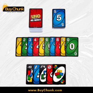 UNO No Mercy Card Game for Ruthless Family Game Nights | Imported Quality | Double-Sided Family Fun Game for Kids and Adults 4 No Mercy action cards showing plus ten, plus six and wild moves.