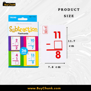 Thirty six subtraction flashcards arranged for minus sum practice and revision.