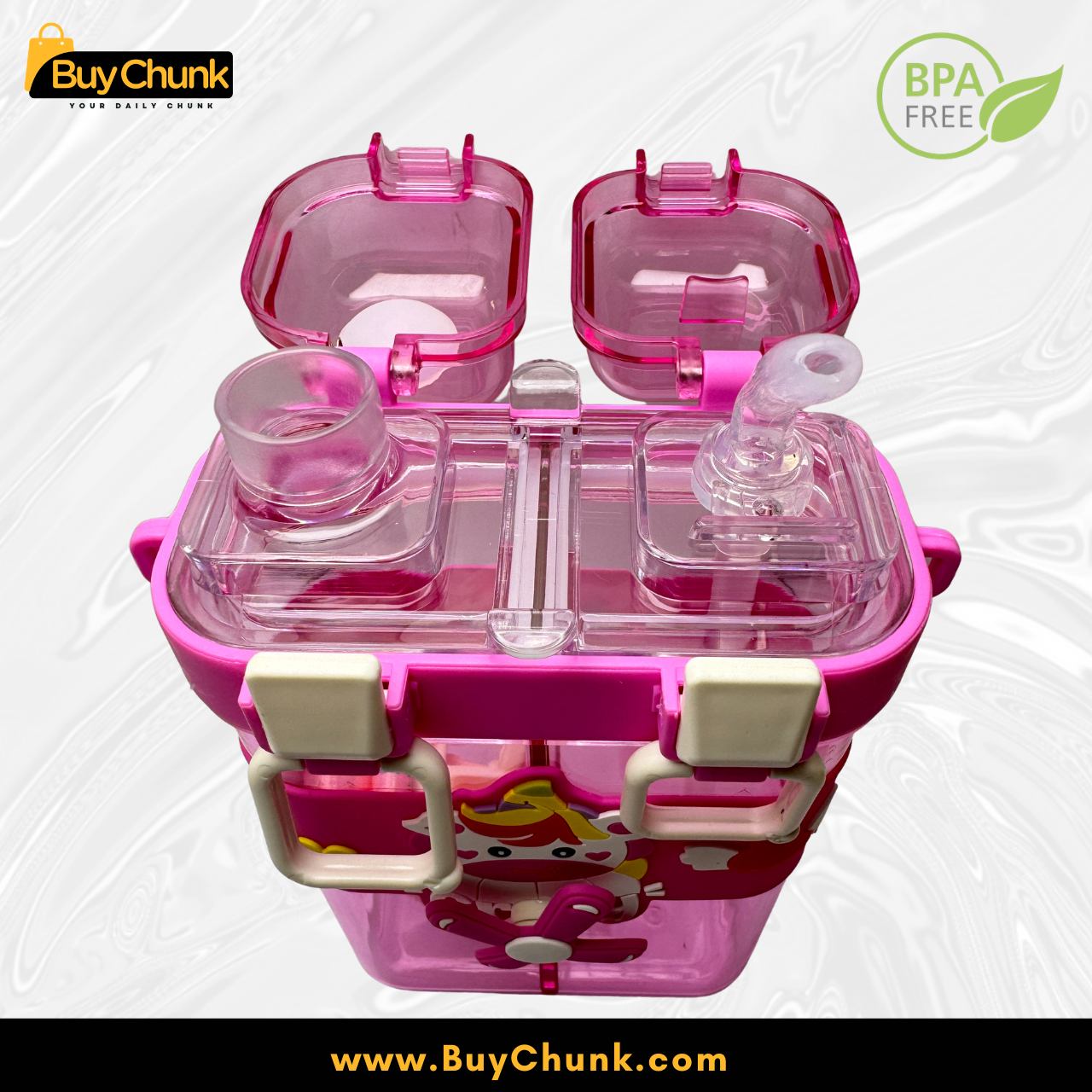 Pink Cartoon Cow Dual Compartment Kids Water Bottle BPA Free School Bottle With Straw and Strap 2 Pink Cartoon Cow Dual Compartment Kids Water Bottle BPA Free School Bottle With Straw and Strap - Image 2