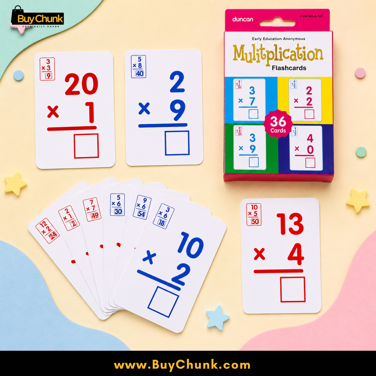 Multiplication Learning Flashcards for Kids | 36 Educational Learning Cards for Toddlers | Vocabulary Learning Flashcards 3 Thirty six multiplication cards arranged for times table practice and revision.