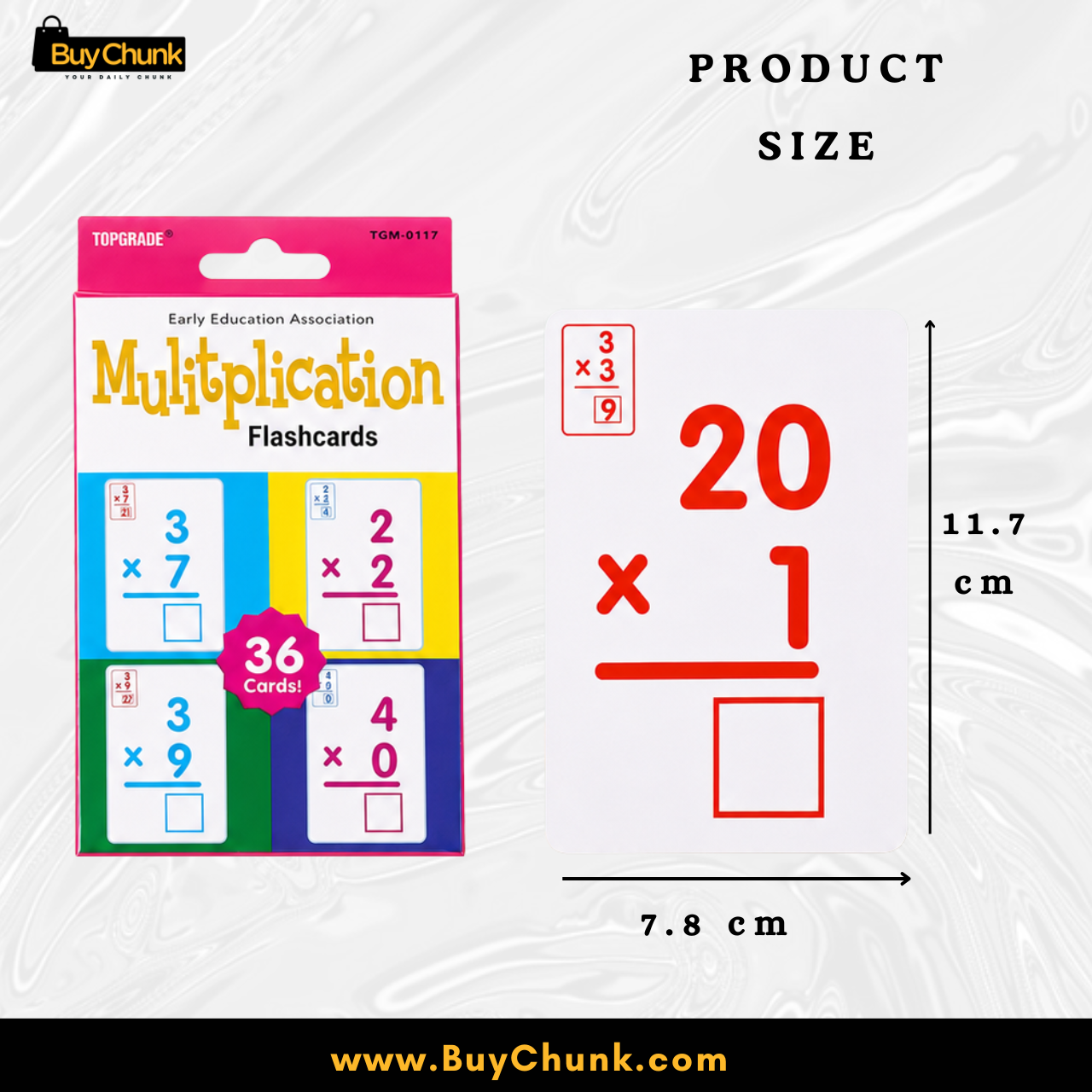 Multiplication Learning Flashcards for Kids | 36 Educational Learning Cards for Toddlers | Vocabulary Learning Flashcards 2 Multiplication card showing 7.8 by 11.7 centimetre product size details.