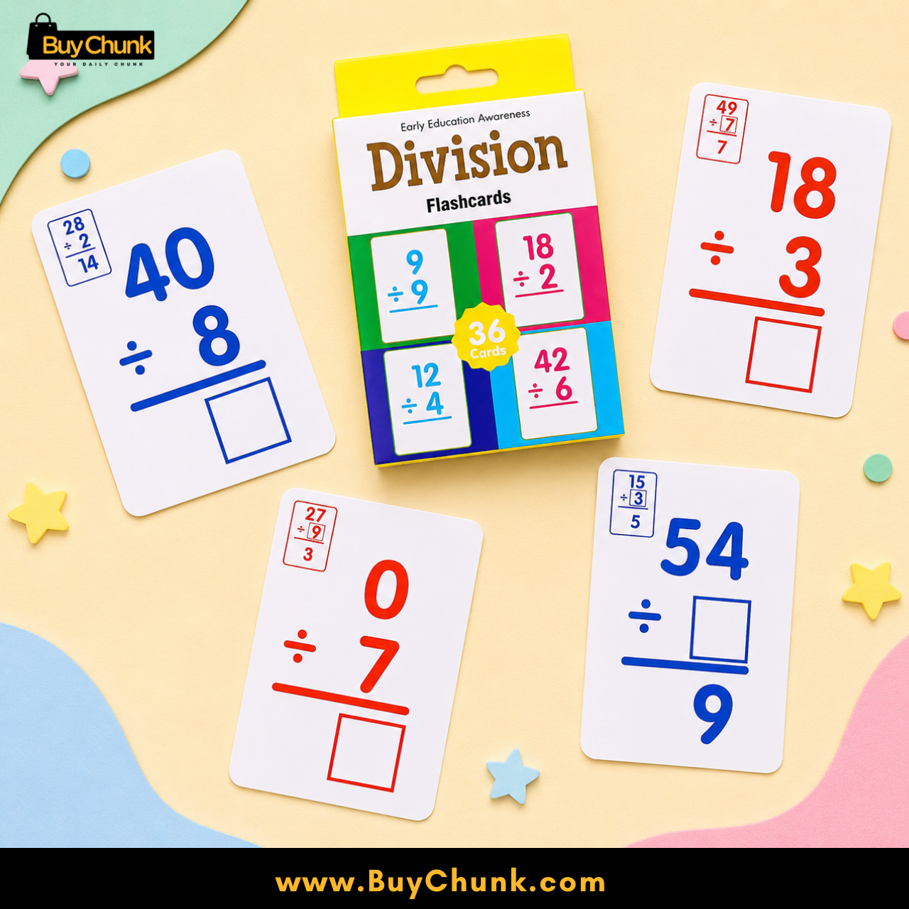Division Learning Flashcards for Kids | 36 Educational Learning Cards for Toddlers | Vocabulary Learning Flashcards 3 Division card showing 7.8 by 11.7 centimetre product size details.