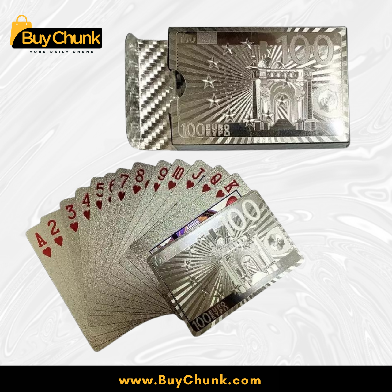 Imported Silver Euro Playing Cards Premium Quality – Waterproof Deck | Durable Shiny Cards for Family Fun in Pakistan 2 Waterproof silver Euro playing cards spread for poker and rummy games