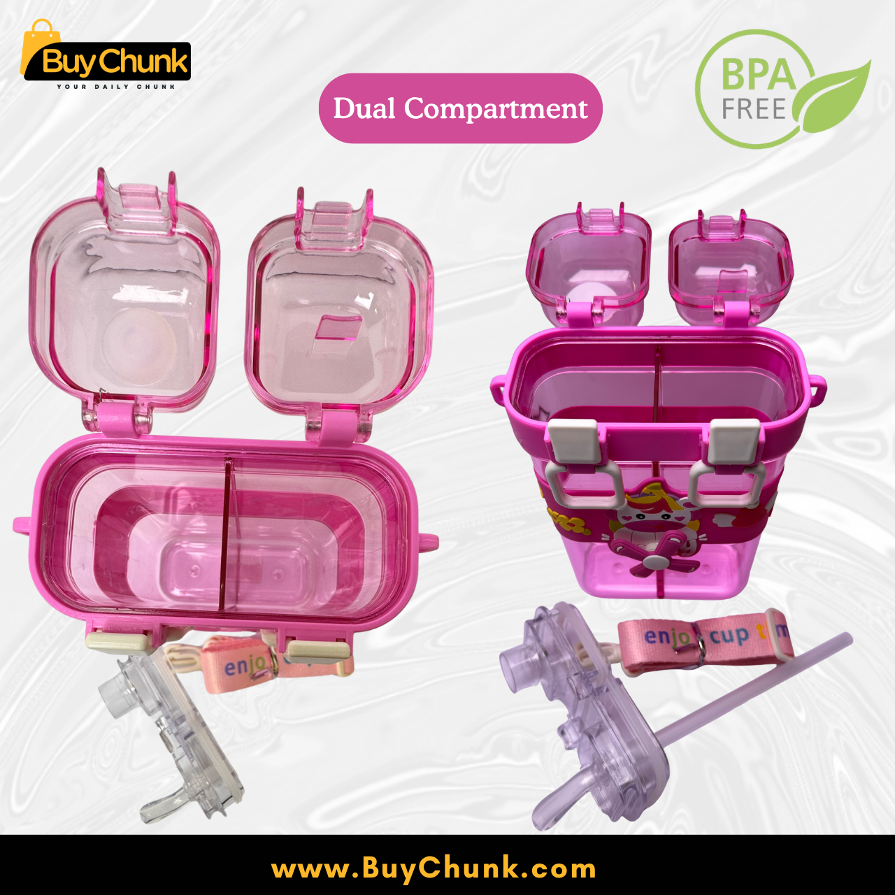 Pink Cartoon Cow Dual Compartment Kids Water Bottle BPA Free School Bottle With Straw and Strap 3 Open lid showing two separate compartments for water and juice
