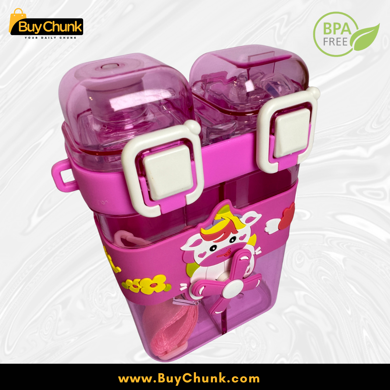 Pink Cartoon Cow Dual Compartment Kids Water Bottle BPA Free School Bottle With Straw and Strap 4 Pink Cartoon Cow Dual Compartment Kids Water Bottle BPA Free School Bottle With Straw and Strap - Image 4