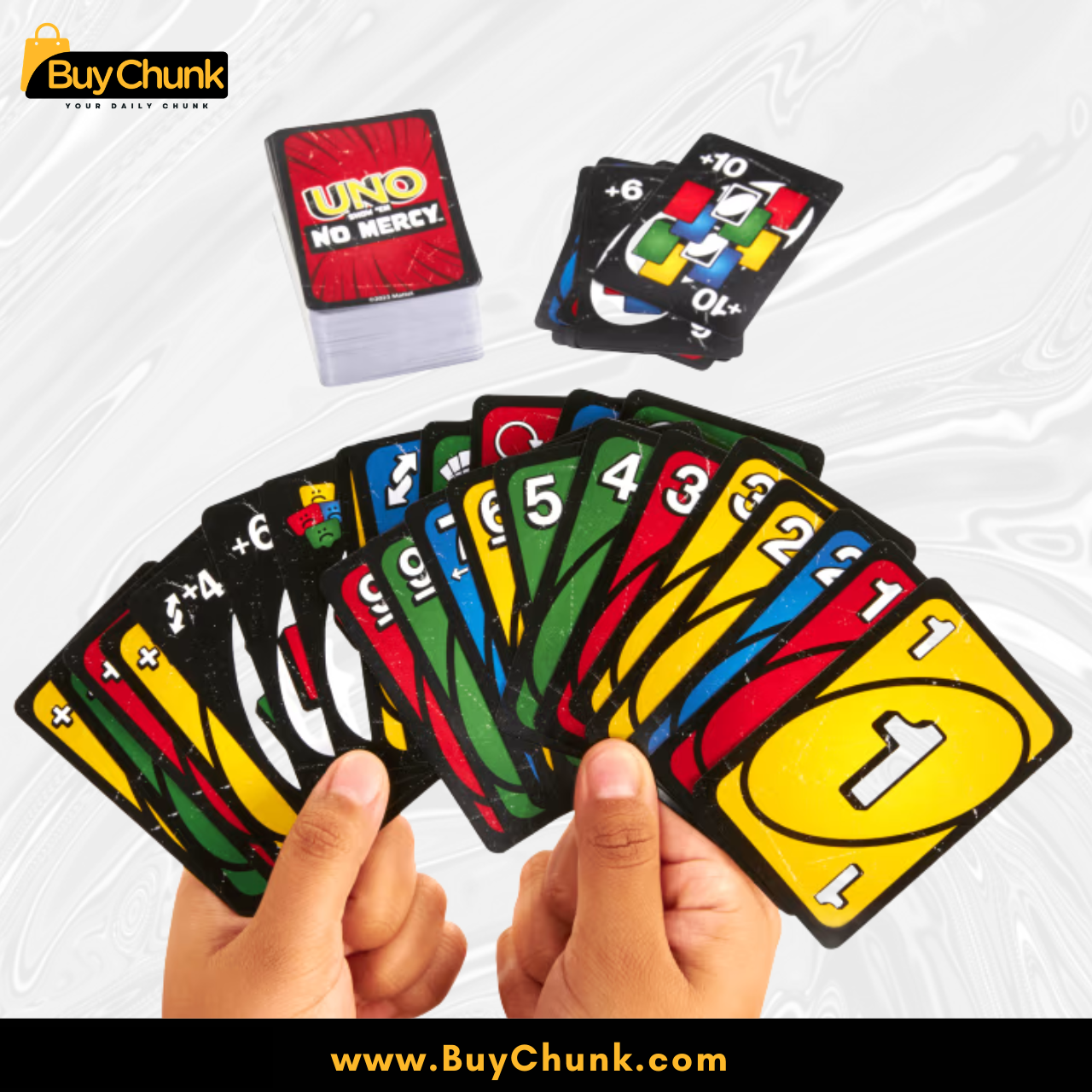 UNO No Mercy Card Game for Ruthless Family Game Nights | Imported Quality | Double-Sided Family Fun Game for Kids and Adults 3 Colourful UNO No Mercy number cards arranged for quick matching gameplay.