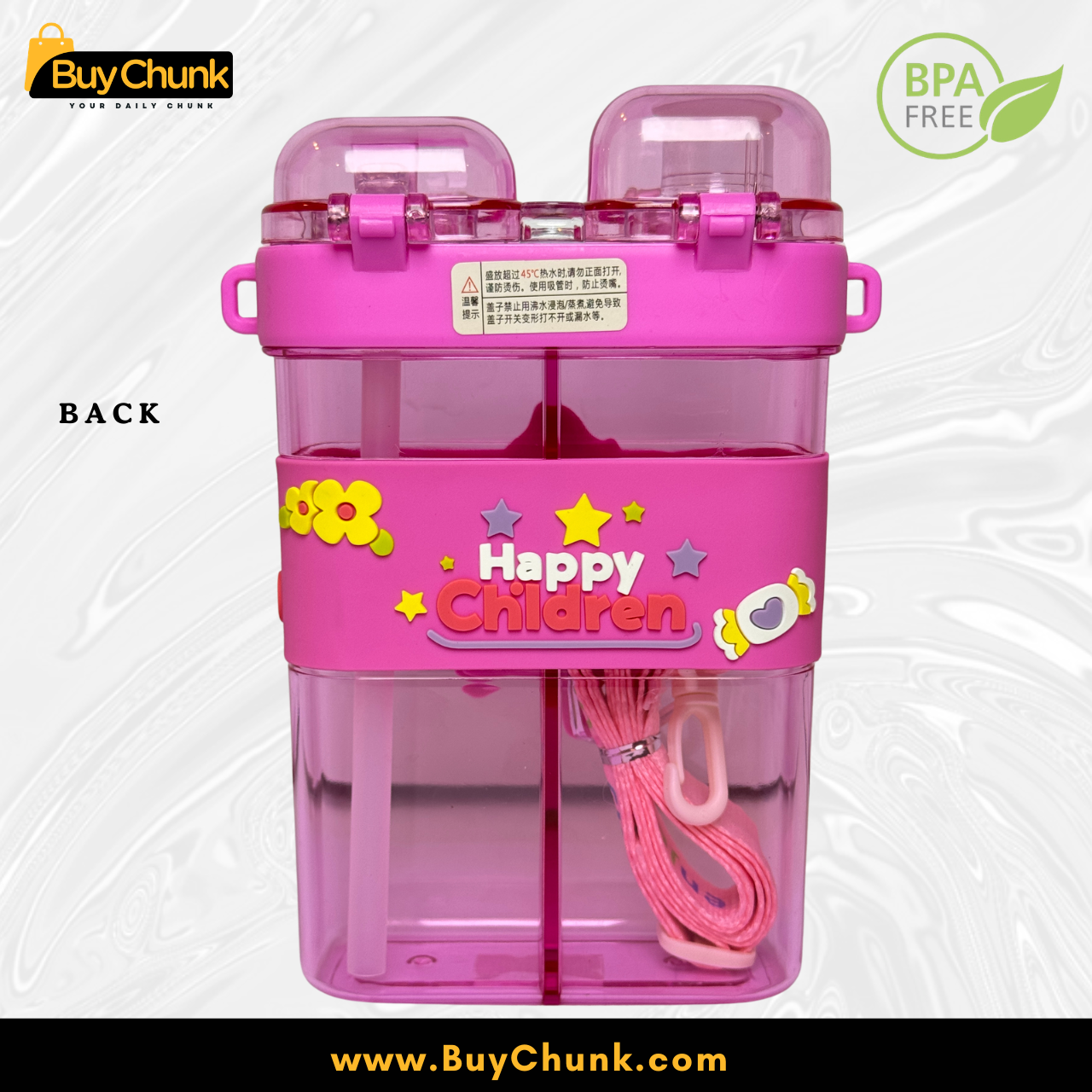Pink Cartoon Cow Dual Compartment Kids Water Bottle BPA Free School Bottle With Straw and Strap 5 Pink Cartoon Cow Dual Compartment Kids Water Bottle BPA Free School Bottle With Straw and Strap - Image 5