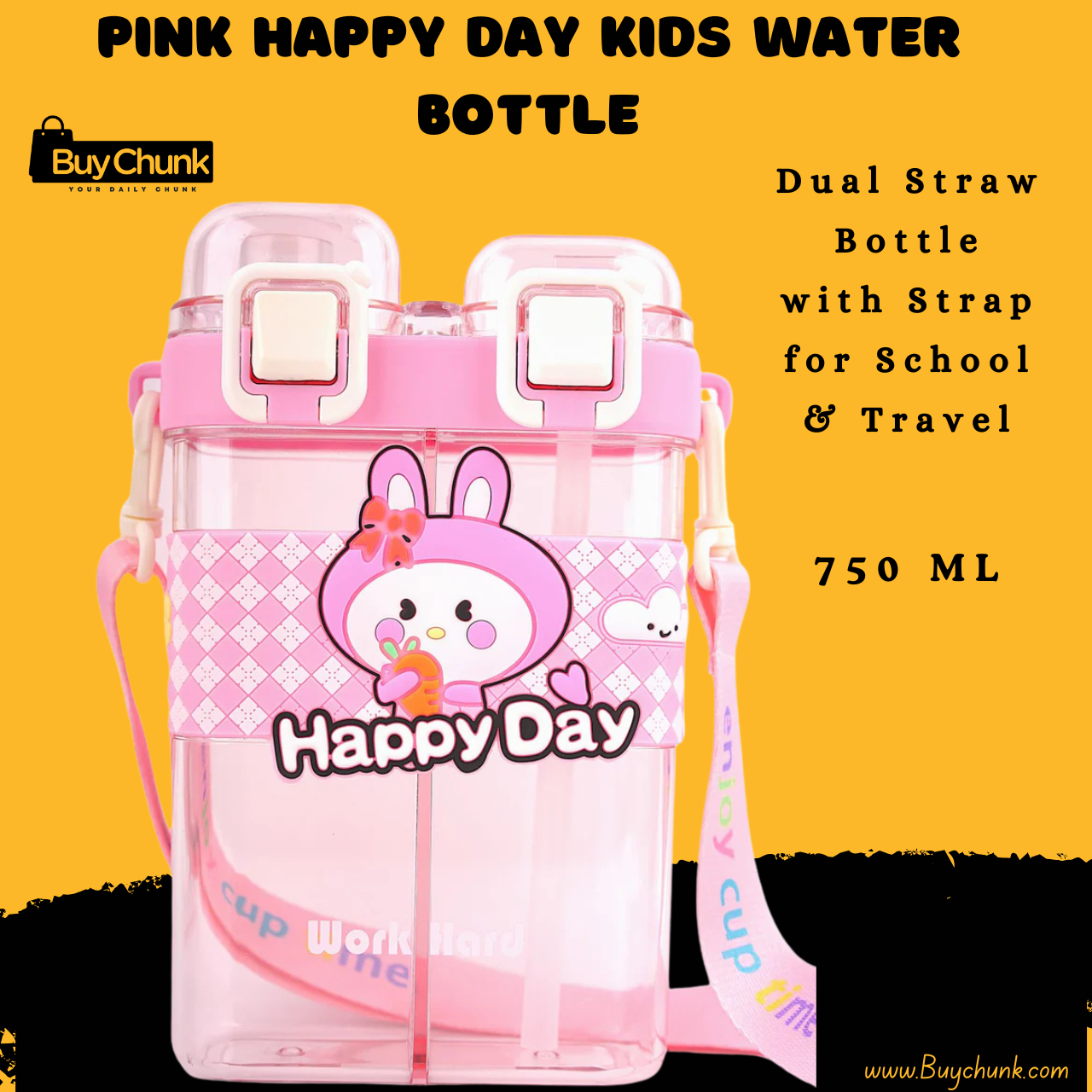 Pink Happy Day Kids Water Bottle BPA Free School Bottle With Straw and Strap 1 Pink Happy Day Kids Water Bottle front view, bright pink for school use