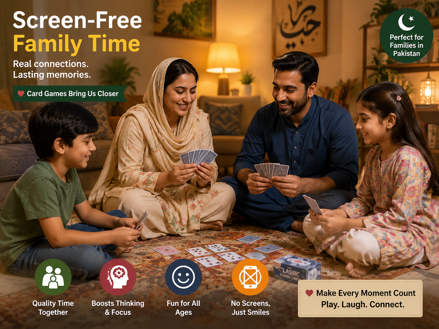 Family playing educational card games without screens