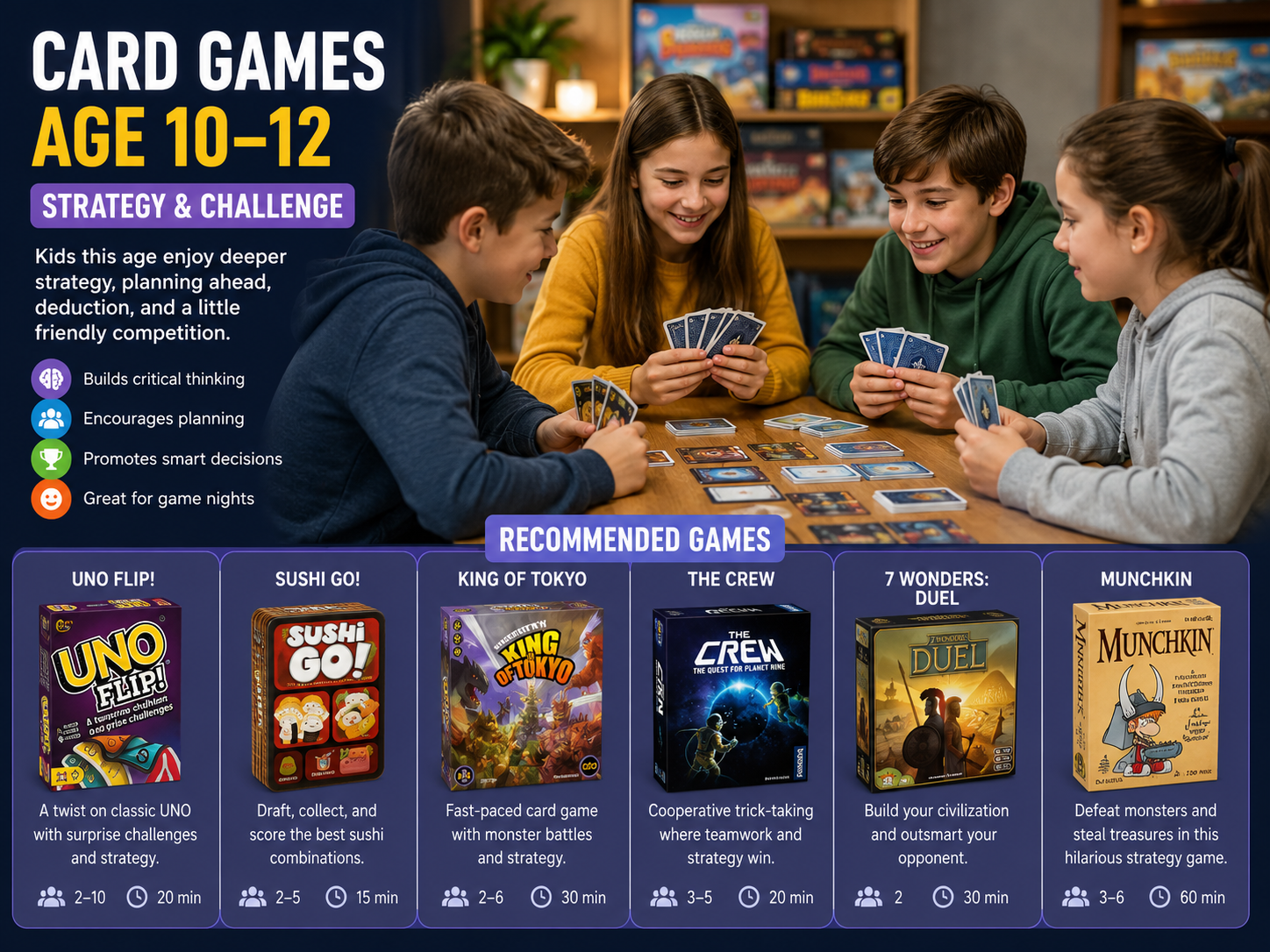 Card games by age 10–12 featuring strategy play