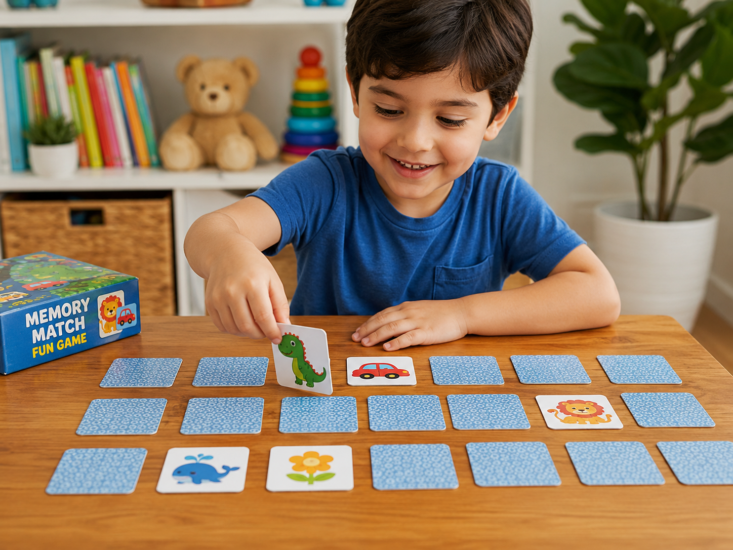 Child using educational card games for memory practice
