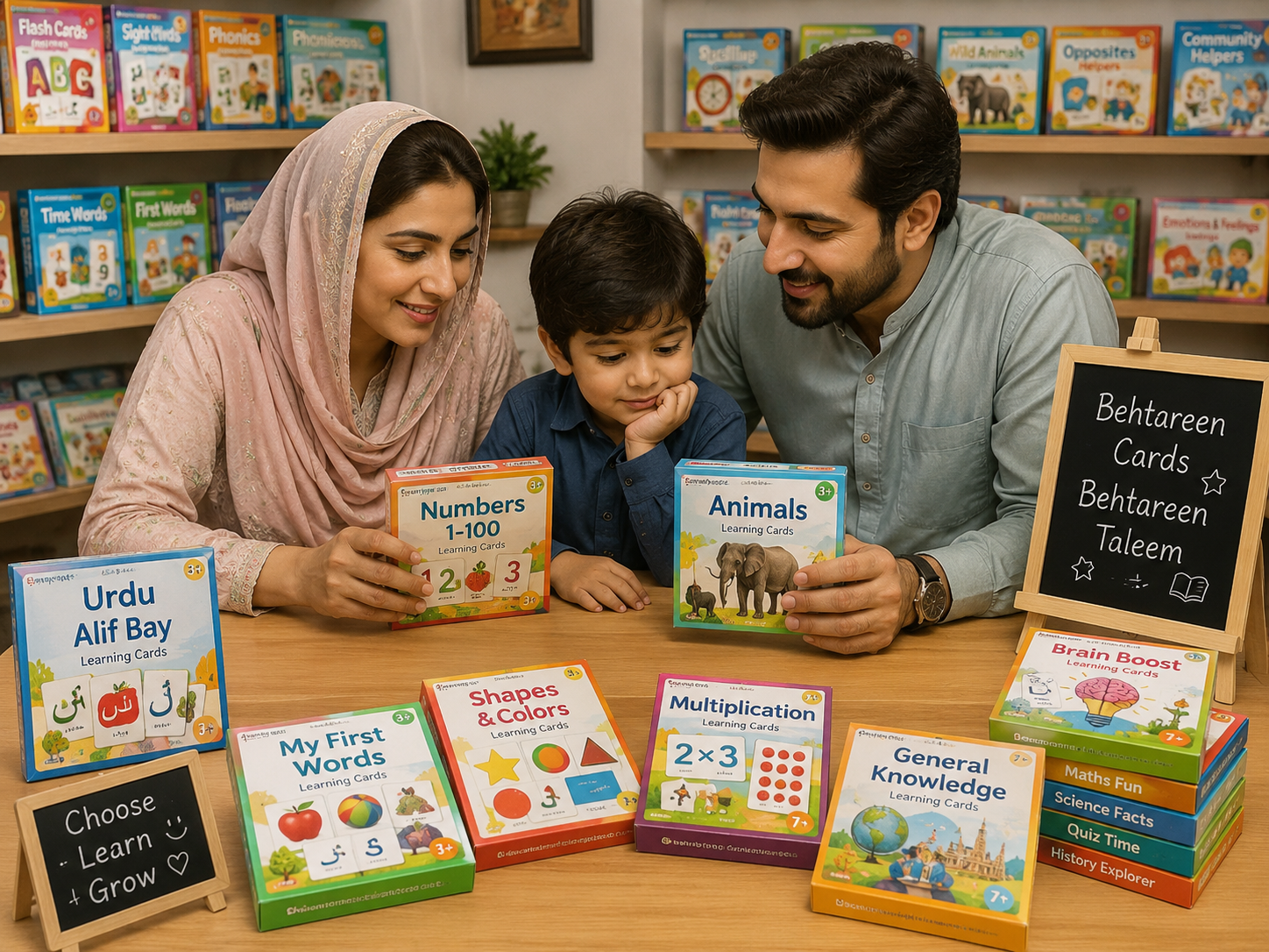 Parents choosing educational card games in Pakistan
