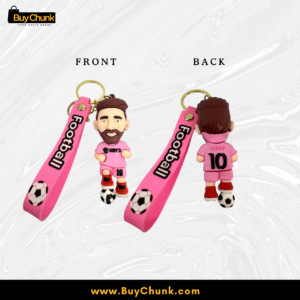 Front view of Messi number 10 figure with football-themed pink strap