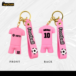 Lionel Messi Football Jersey Silicone Keychain | Pink Football Shirt Keyring for Messi Supporters | Silicone Football Keychain Gift for Young Messi Fans 5 Front view of pink football kit charm with number ten shorts