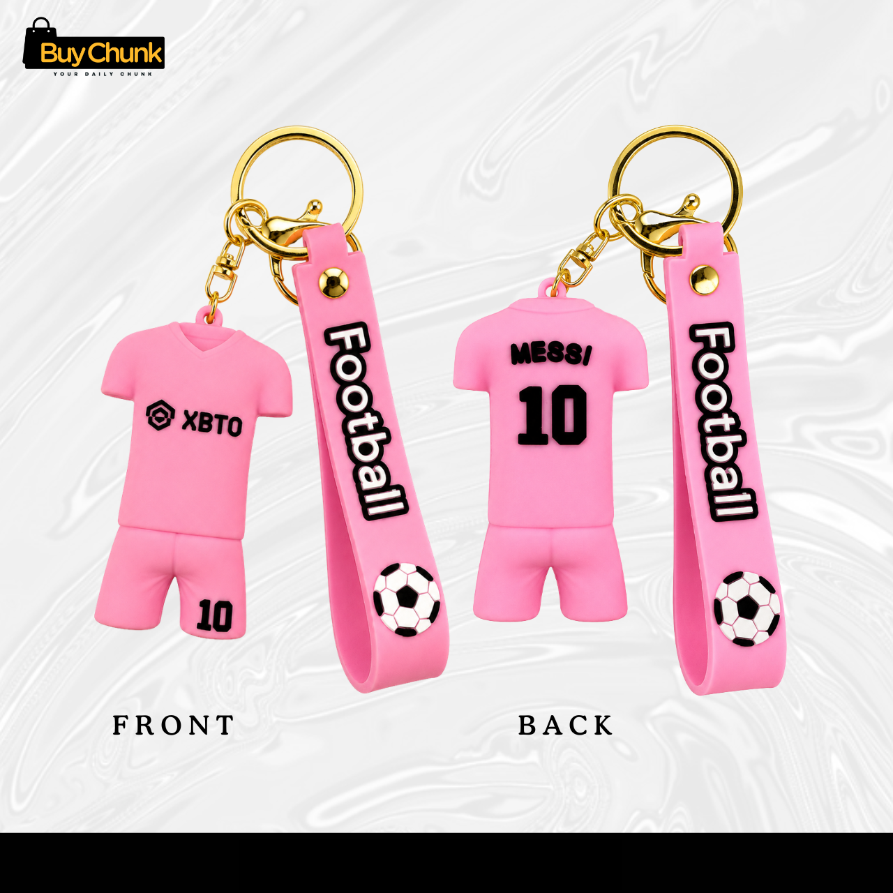 Lionel Messi Football Jersey Silicone Keychain | Pink Football Shirt Keyring for Messi Supporters | Silicone Football Keychain Gift for Young Messi Fans 3 Front view of pink football kit charm with number ten shorts