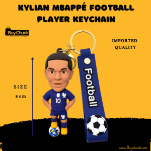 Kylian Mbappé football keychain with blue silicone strap and gold-tone rings