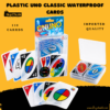 Plastic UNO Classic Waterproof Cards with clear case and colourful front pack.