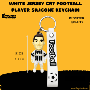White jersey CR7 football player keychain with silicone strap and metal ring