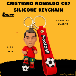 Cristiano Ronaldo CR7 silicone keychain with red football strap and metal rings