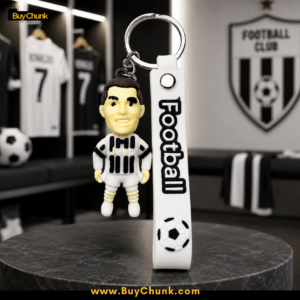 Front view of white striped football player charm with matching strap