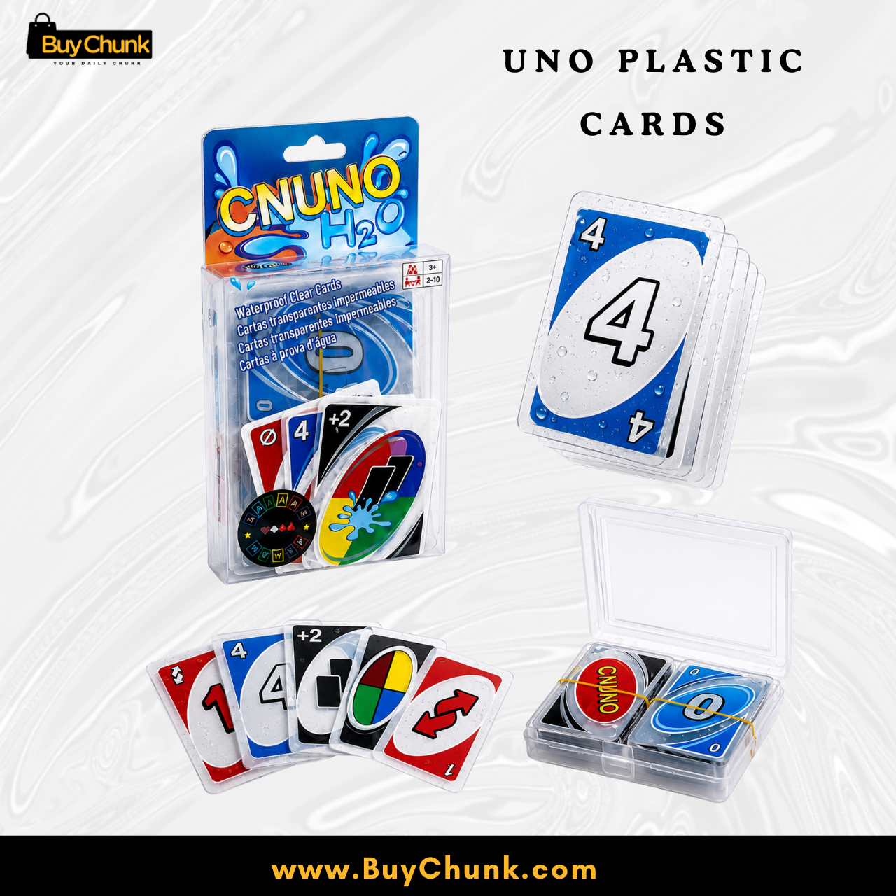 Imported Plastic UNO Classic Waterproof Cards with Case 110 Cards | Plastic Card Game with Storage Case 2 Waterproof UNO-style plastic cards stored neatly inside a transparent protective case.