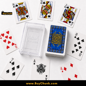 Clear plastic case protecting sapphire blue Wanquan waterproof playing cards.