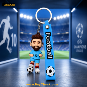 Back view of blue jersey football player silicone keychain design