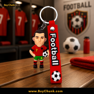 Front view of number seven footballer figure holding a black-and-white ball