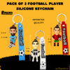 Pack of three football player silicone keychains in blue, white and red