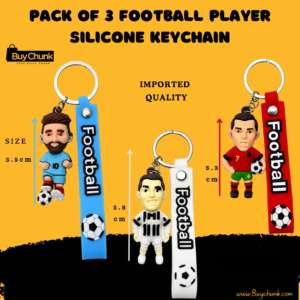 Pack of three football player silicone keychains in blue, white and red