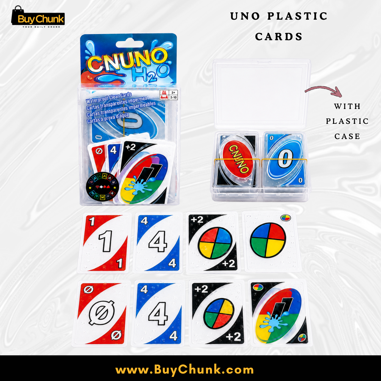 Imported Plastic UNO Classic Waterproof Cards with Case 110 Cards | Plastic Card Game with Storage Case 3 110 clear plastic cards displayed for family game nights in Pakistan.