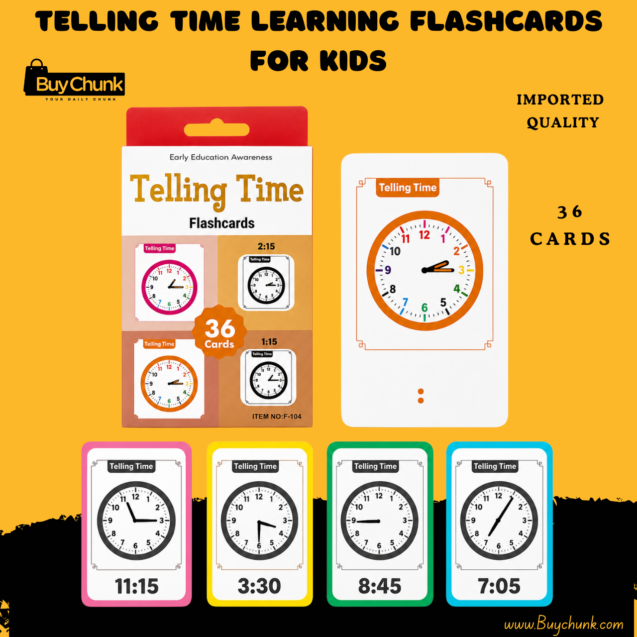 Imported Telling Time Learning Flashcards For Kids - 36 Card Set | Clock Reading Flashcards for Smart Early Learning 1 Telling Time Learning Flashcards For Kids box with colourful clock cards.