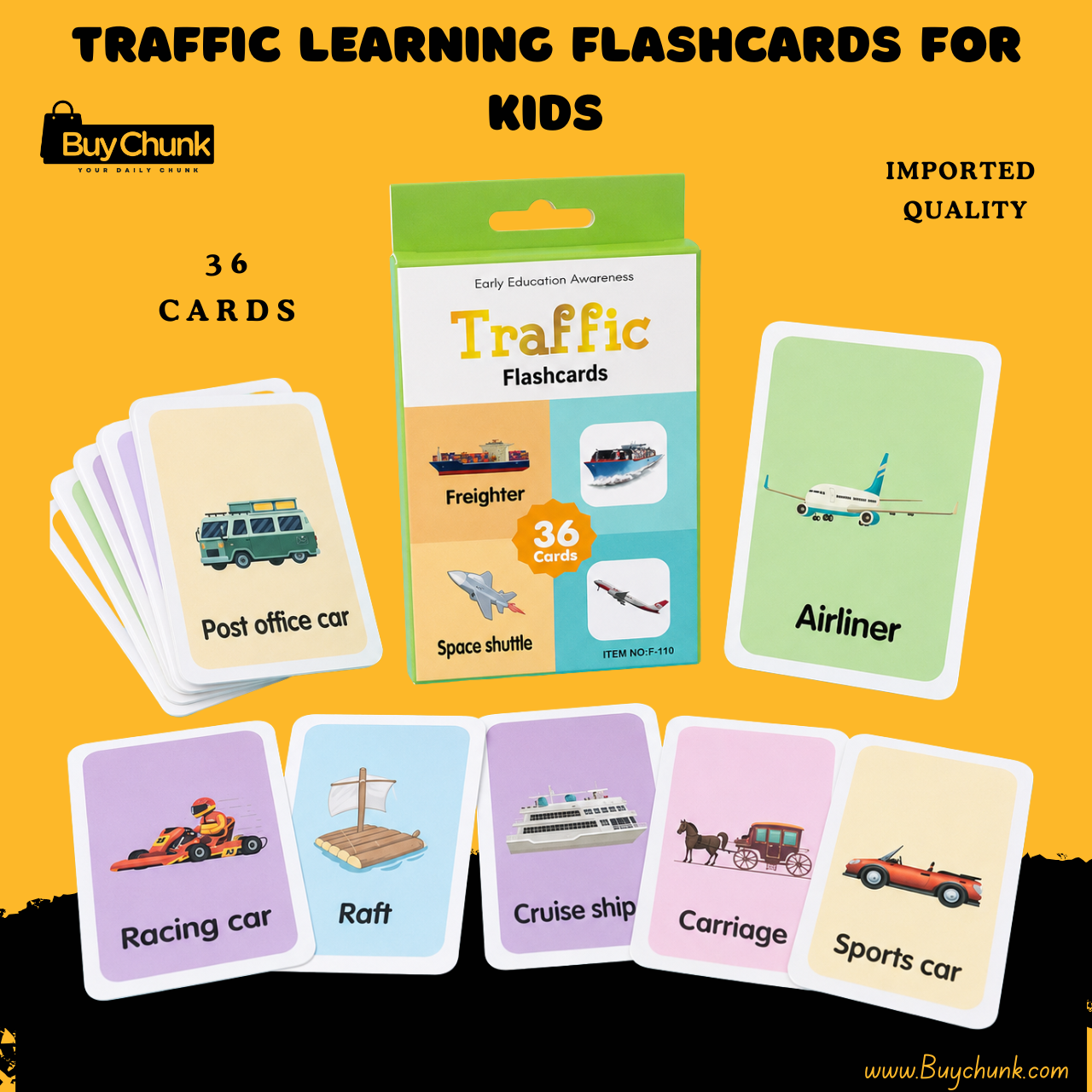 Traffic Learning Flashcards For Kids - 36 Card Set | Colourful Transport Flashcards for Early Learning 1 Traffic Learning Flashcards For Kids box with colourful transport cards displayed.