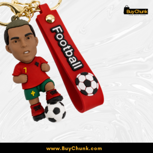 Red silicone football strap keychain with ball emblem and gold-tone hardware