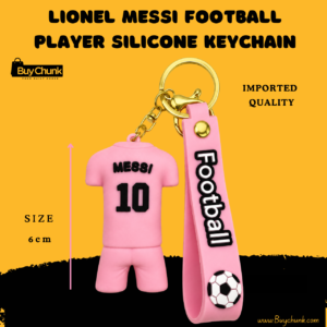 Pink Messi number ten jersey keychain with silicone football strap and metal rings
