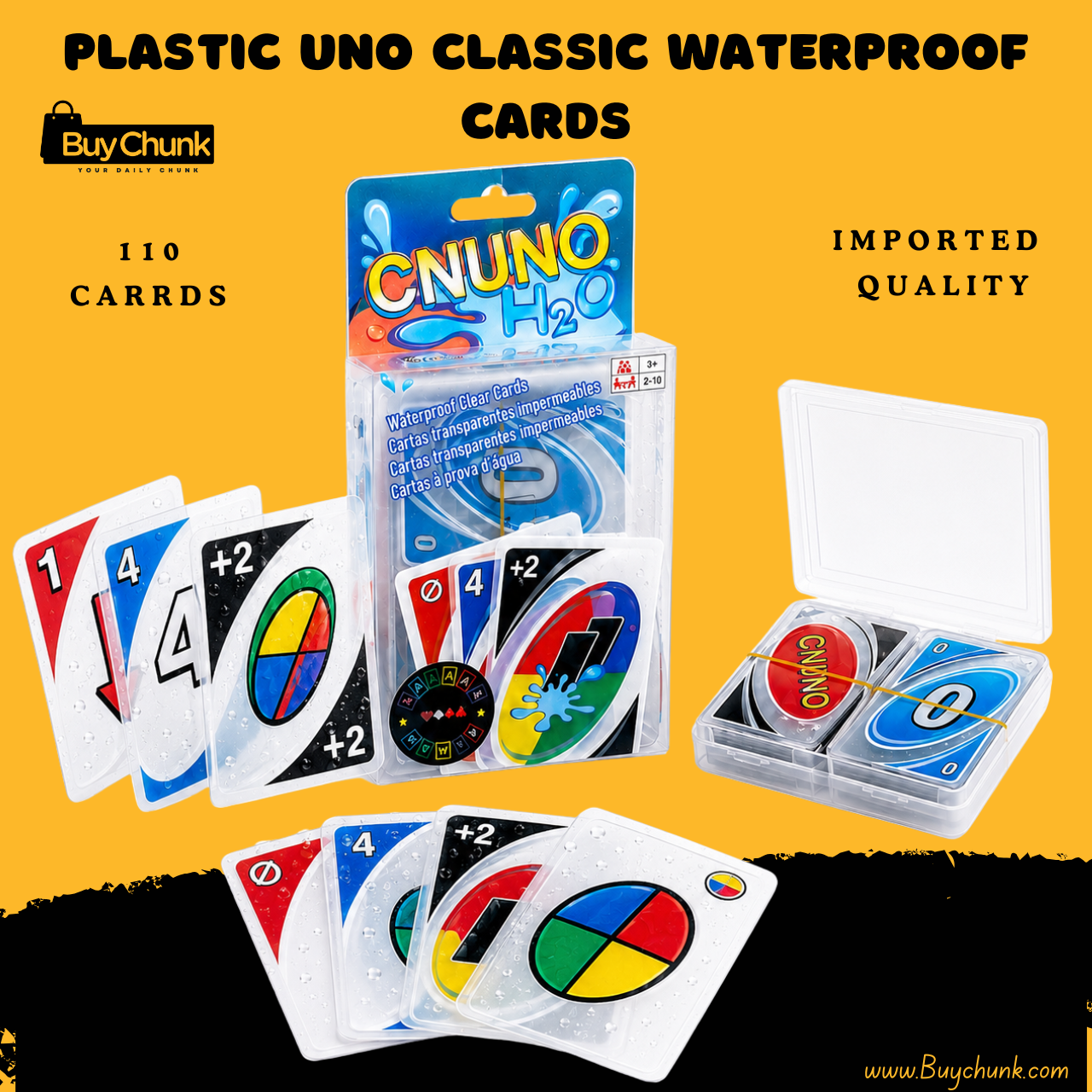 Imported Plastic UNO Classic Waterproof Cards with Case 110 Cards | Plastic Card Game with Storage Case 1 Plastic UNO Classic Waterproof Cards with clear case and colourful front pack.