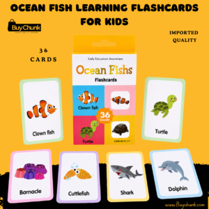 Ocean fish learning flashcards box with colourful clown fish turtle and shark cards.