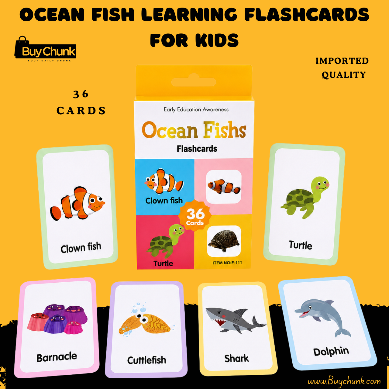 Imported Ocean Fish Learning Flashcards For Kids – 36 Cards Set | Kids Flashcards for Preschool Vocabulary 1 Ocean fish learning flashcards box with colourful clown fish turtle and shark cards.