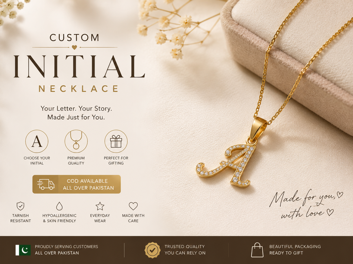 Custom initial jewelry necklace in Pakistan