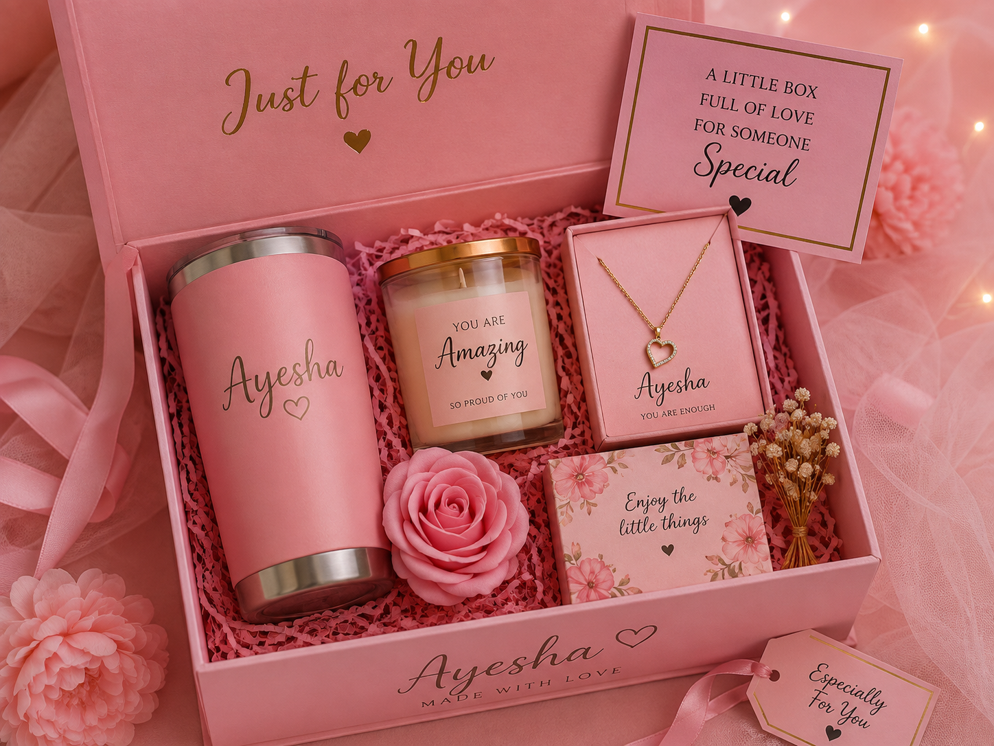 Pink personalized gift bundles with matching accessories